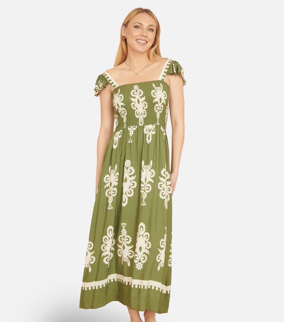 Yumi Women's Green Pattern Green Block Print Smocked Sun Dress New Look Uk Size 14