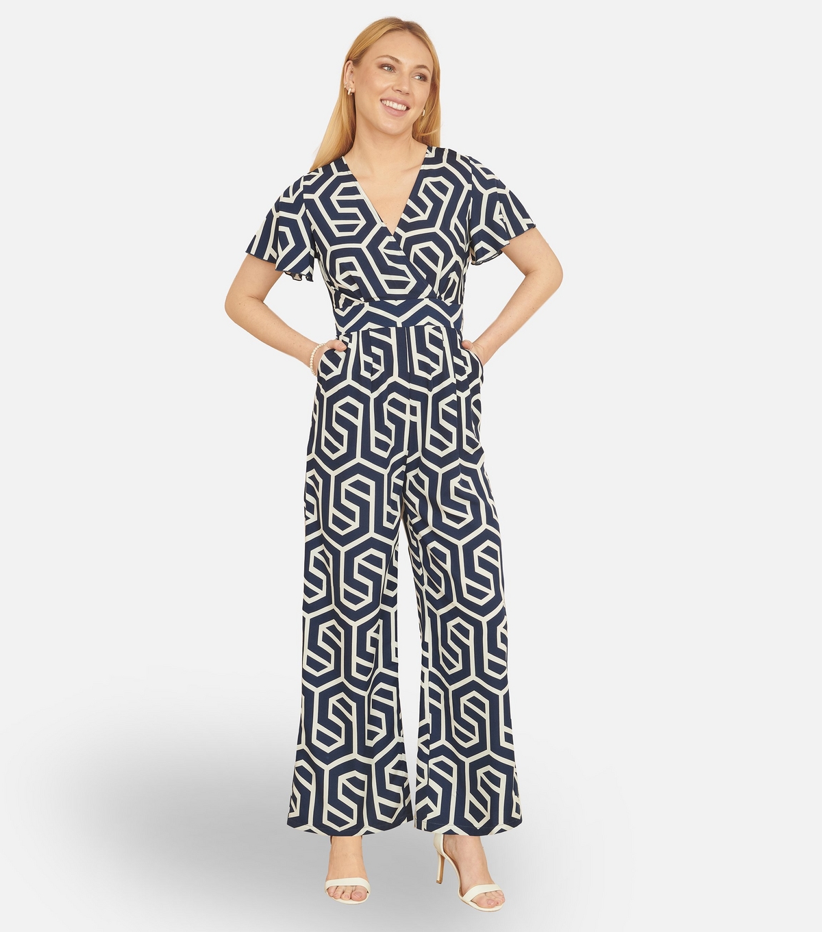 Yumi Women's Navy Geometric Print Wrap Jumpsuit New Look Uk Size 8