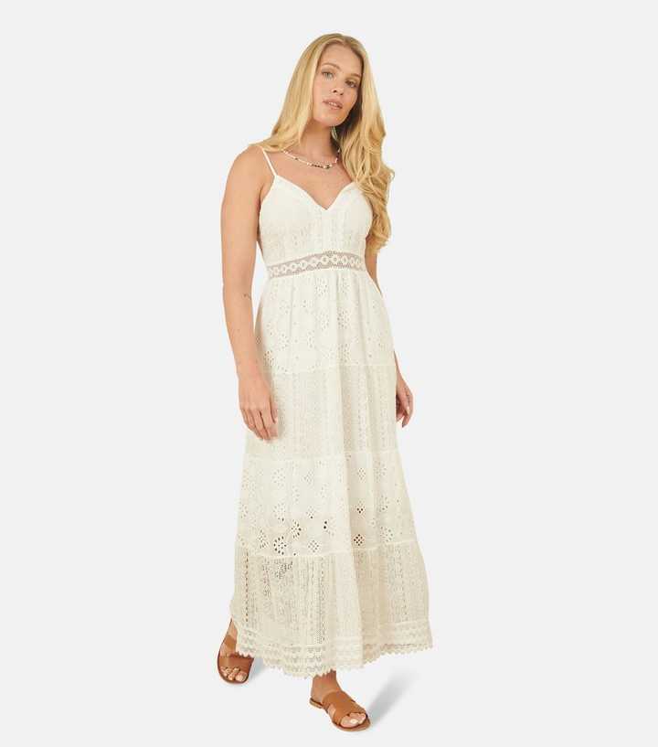 Yumi White Broderie Embroidered Lace Tiered Dress