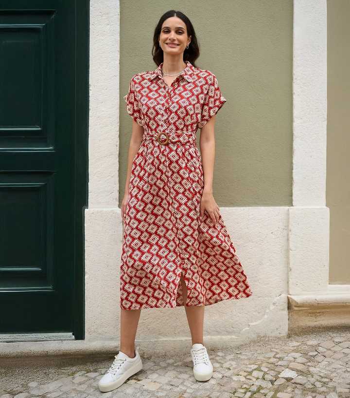 Yumi Red Geometric Print Shirt Dress