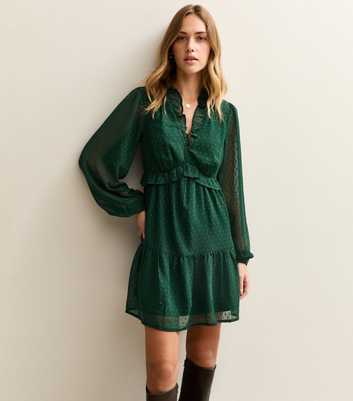 Dark Green Dobby Frill Mini Dress