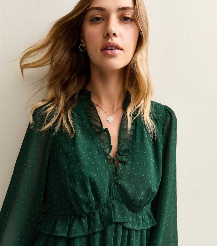 Dark Green Dobby Frill Mini Dress | New Look