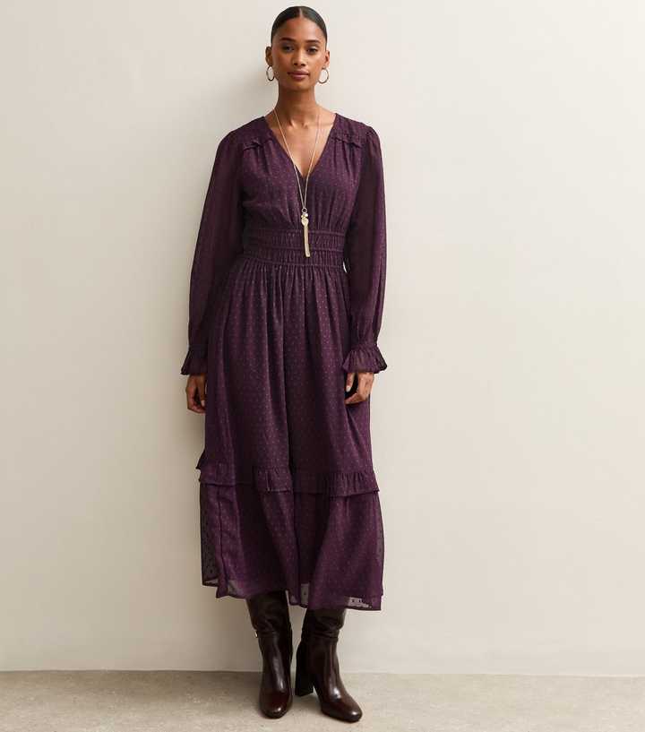 Dark Burgundy Dobby Ruched Waist Midi Dress