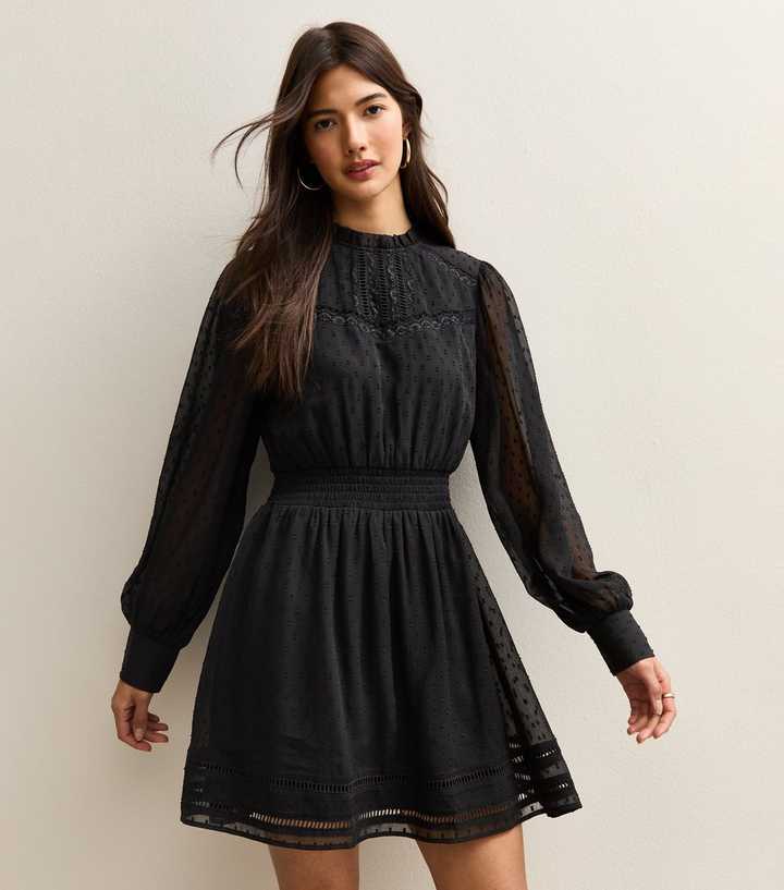 Black Dobby Long Sleeve Mini Dress | New Look
