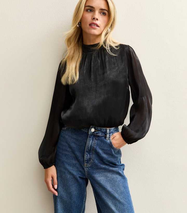 Petite Black Bubble Hem Long Sleeve Blouse