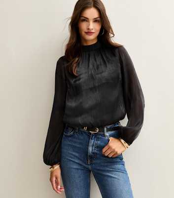 Tall Black Bubble Hem Long Sleeve Blouse