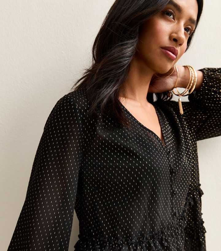 Petite Black Embroidered Pattern V-Neck Blouse