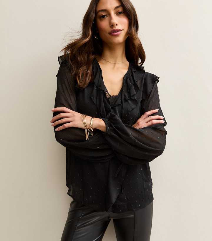 Tall Black Metallic Spot Frill Sheer Blouse