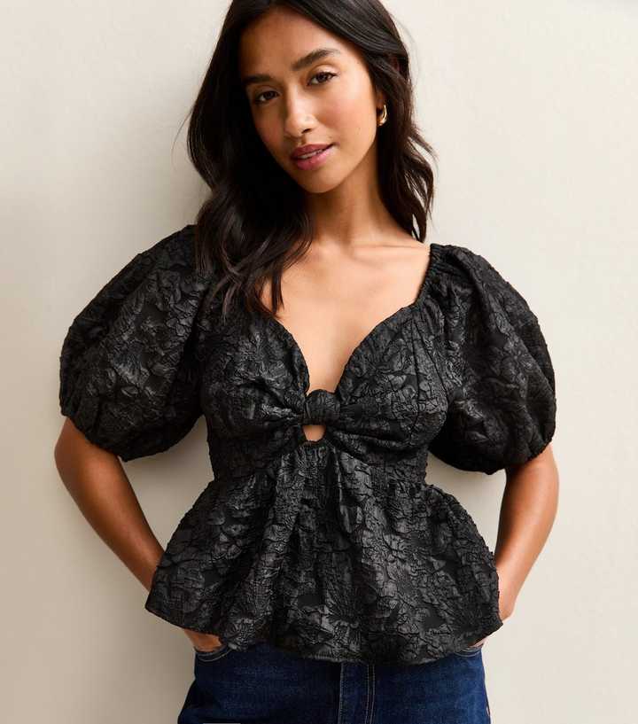 Petite Black Jacquard Twisted Front Puff Sleeve Top