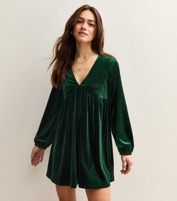 Petite Dark Green Velvet Smock Mini Dress