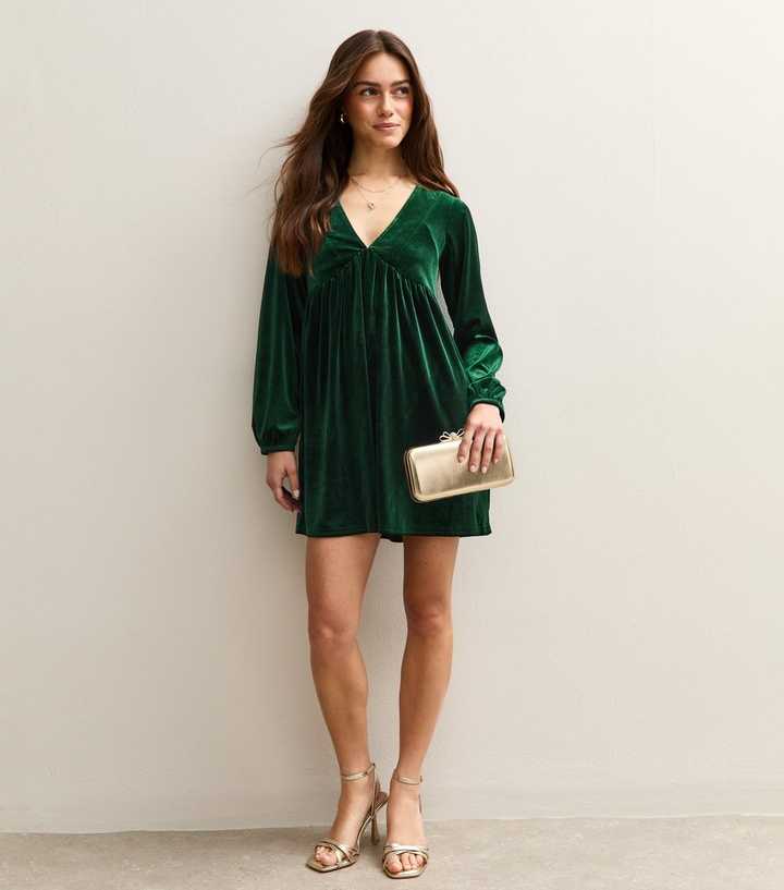 Petite Dark Green Velvet Smock Mini Dress
