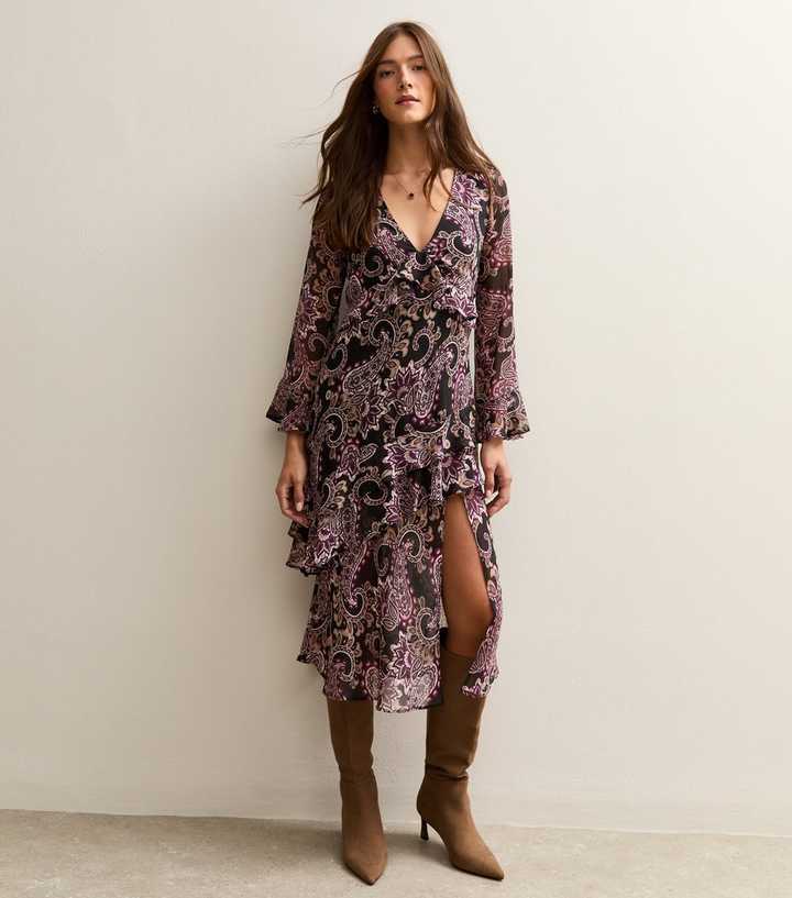 Black Paisley Print Chiffon Midi Dress