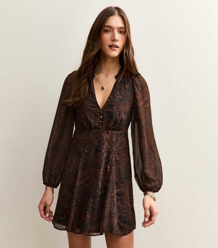 Brown Paisley Chiffon Mini Dress
