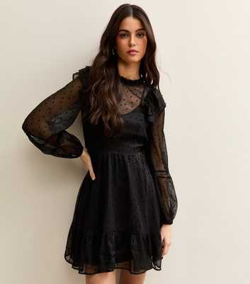 Black Dobby Ruffle Long Sleeve Mini Dress