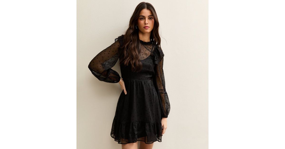 Black Dobby Ruffle Long Sleeve Mini Dress | New Look