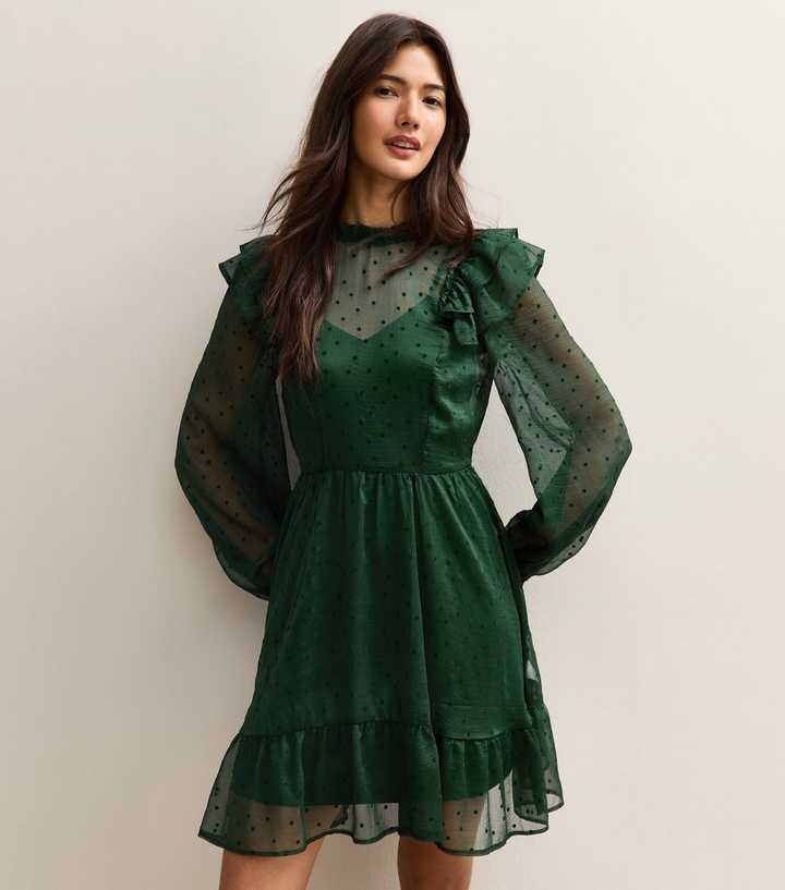 Dark Green Dobby Ruffe Long Sleeve Mini Dress