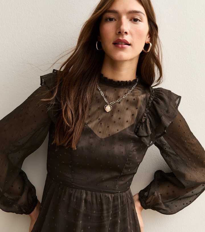Brown Flocked Polka Dot Ruffled Mini Dress