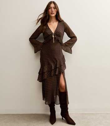 Dark Brown Foil Spot Ruffle Trim Midi Dress