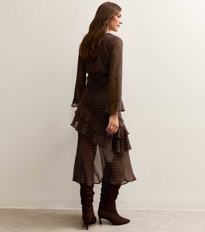 Dark Brown Foil Spot Ruffle Trim Midi Dress | New Look