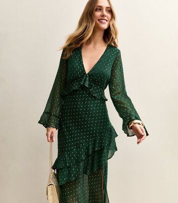 green spot wrap dress CurveWow Long Sleeve Pleated Wrap Dress Green Spot Curvewow