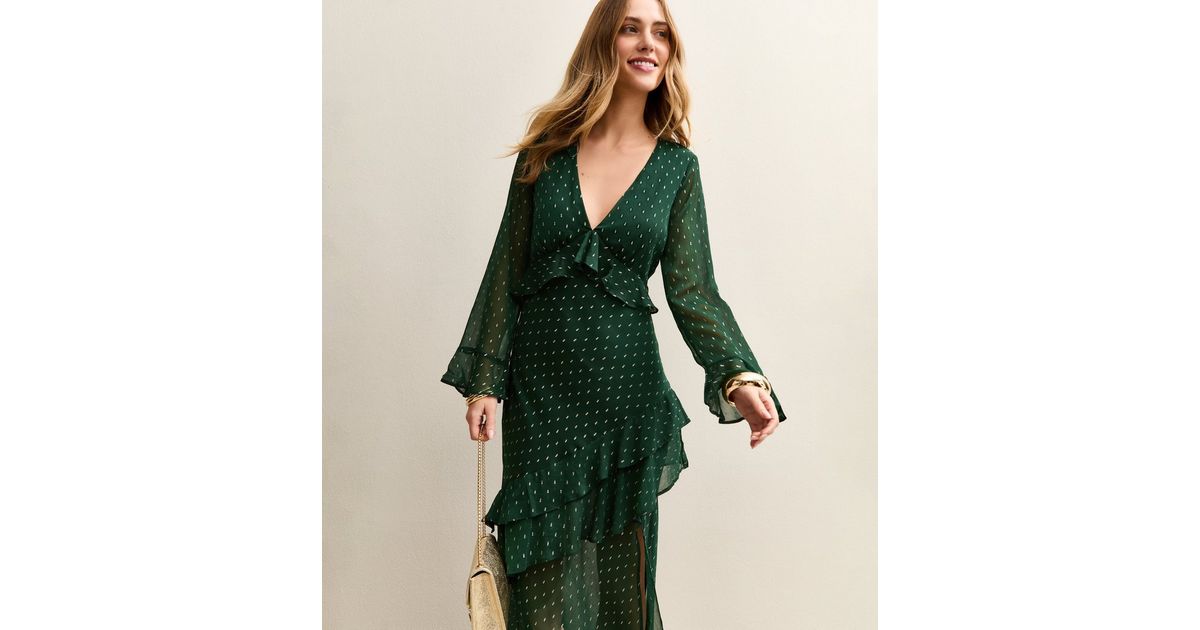 Dark Green Foil Spot Ruffle Trim Midi Dress | New Look