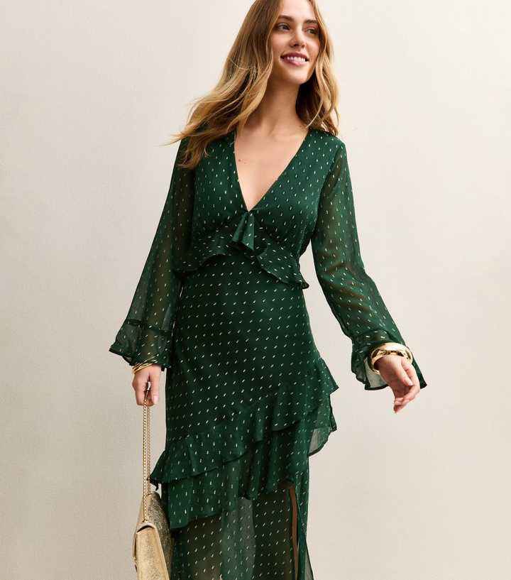 Dark Green Foil Spot Ruffle Trim Midi Dress | New Look