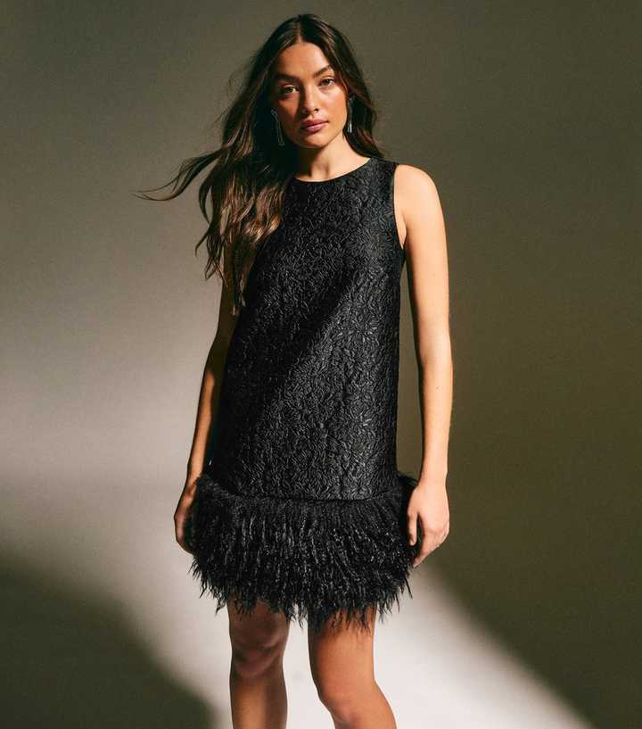Black Floral Jacquard Faux Fur Hem Mini Dress | New Look
