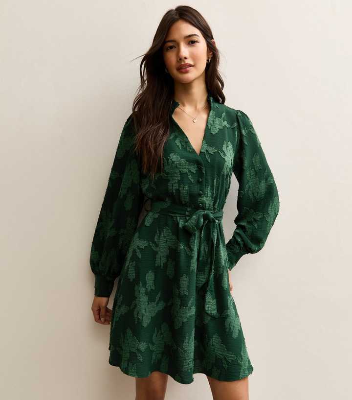 Dark Green Floral Jacquard Belted Mini Dress