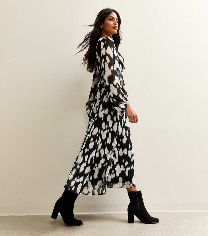 Black and White Printed Chiffon Midi Dress