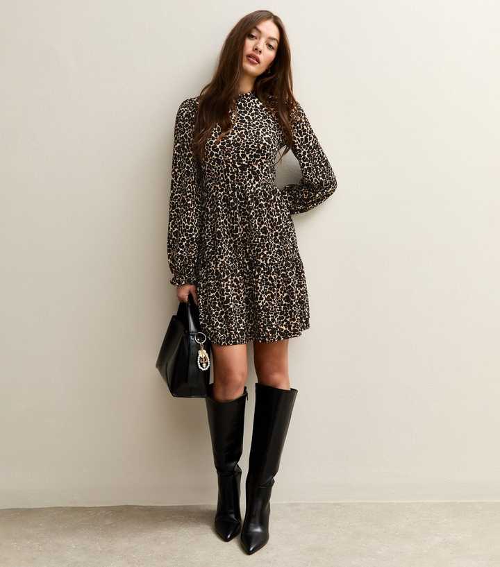 Brown Leopard Print Crinkled Mini Dress