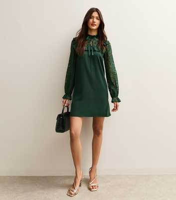 Dark Green Lace Sleeve Smock Mini Dress