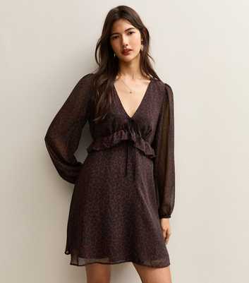 Burgundy Animal Print Chiffon Long Sleeve Mini Dress