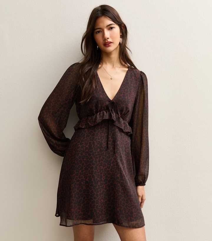 Burgundy Animal Print Chiffon Long Sleeve Mini Dress