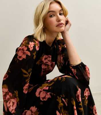 Black Floral Long Sleeve Midi Dress