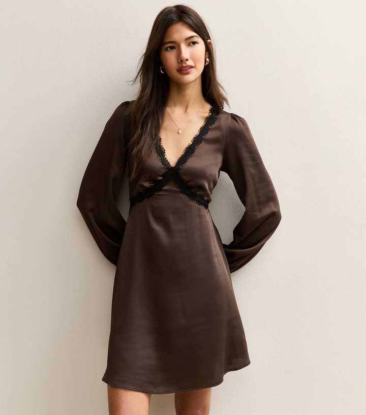 Brown Textured Satin Lace Trim Mini Dress