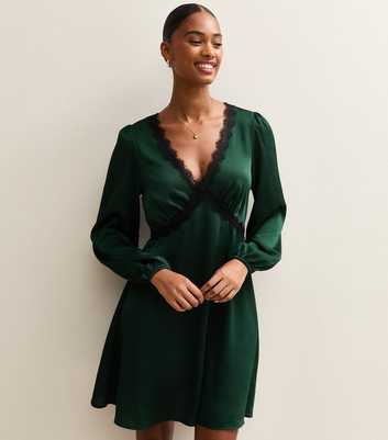 Dark Green Textured Satin Lace Trim Mini Dress