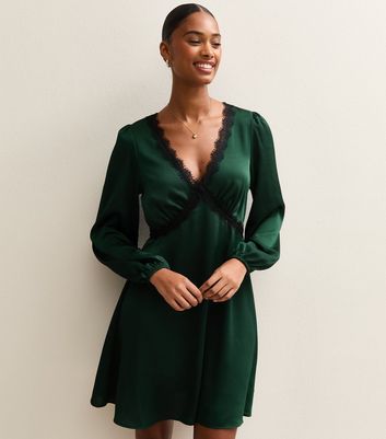 new look green satin dress Sage Green Satin Halter Neck Dress With Lace-Up Back
