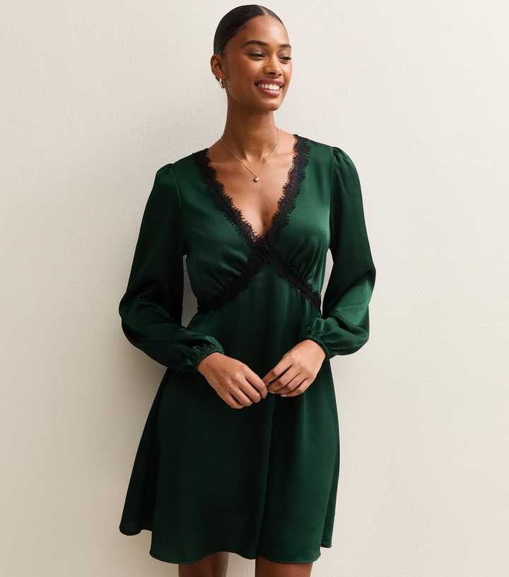 slim fit dress slacks Green Satin Long Sleeve Mini Dress main image 0