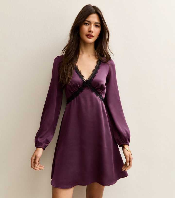 Dark Purple Textured Satin Lace Trim Mini Dress