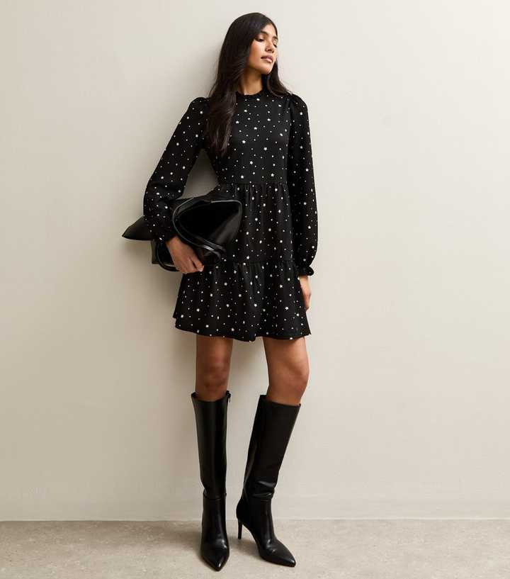 Black Star Print Long Sleeve Mini Dress