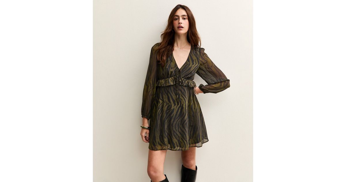 Green Tiger Print Chiffon Long Sleeve Mini Dress | New Look
