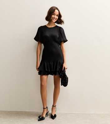Black Jaquard Feather Pattern Mini Dress