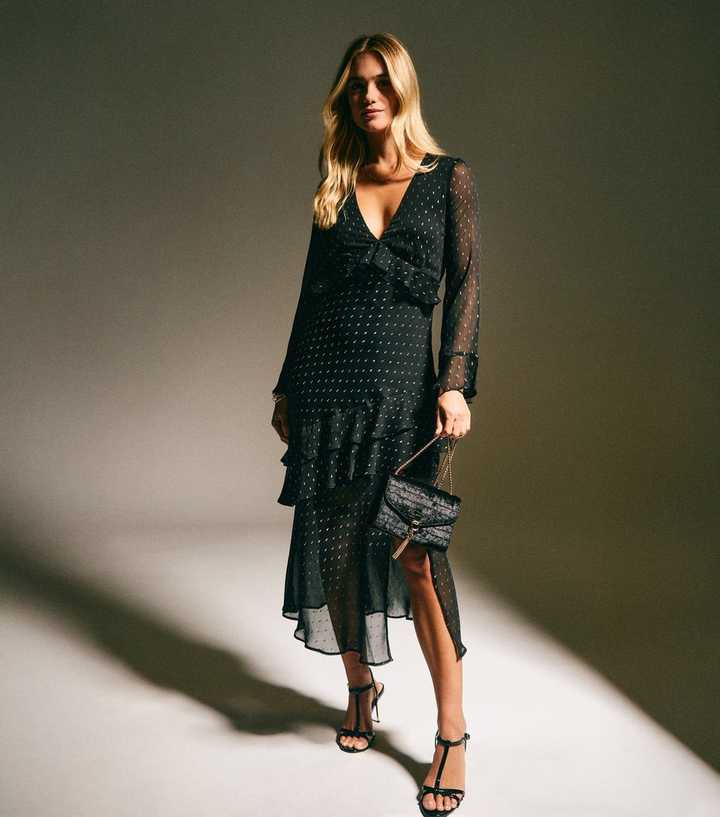 Black Chiffon Metallic Pattern Ruffled Midi Dress