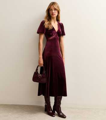 Burgundy Velvet Lace Insert Midi Dress