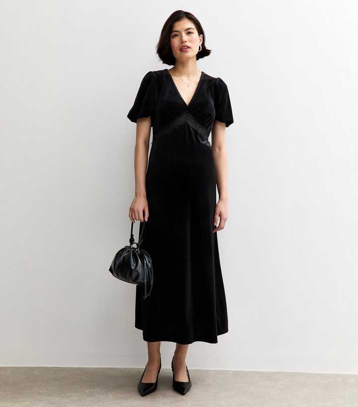 Maternity Black Velvet Short Sleeve Midi Dress
