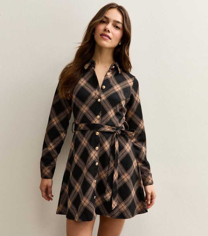 Petite Black Check Mini Shirt Dress