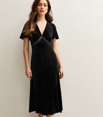 Petite Black Lace Trim Velvet Midi Dress