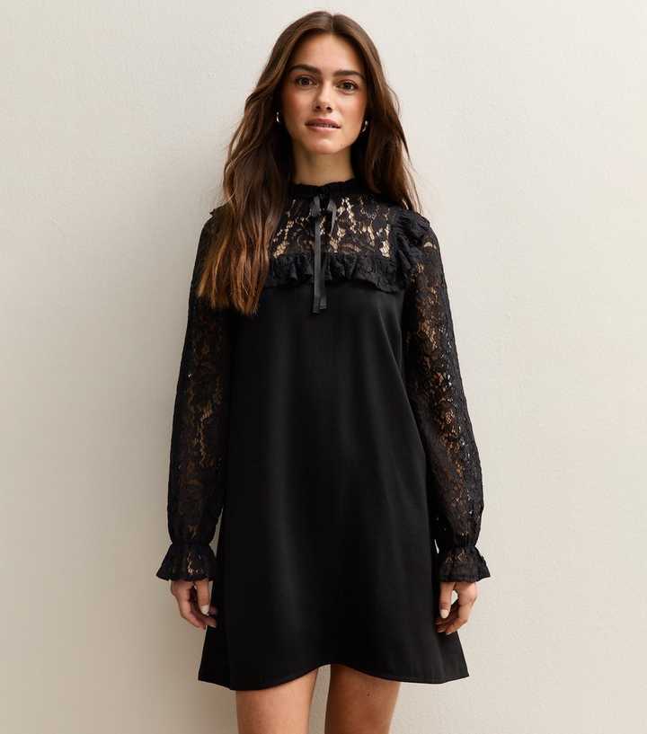 Petite Black Lace Detail Smock 2 in 1 Mini Dress