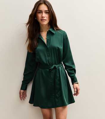Petite Dark Green Satin Belted Mini Shirt Dress
