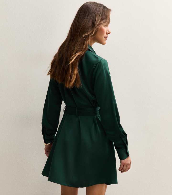 Petite Dark Green Satin Belted Mini Shirt Dress | New Look